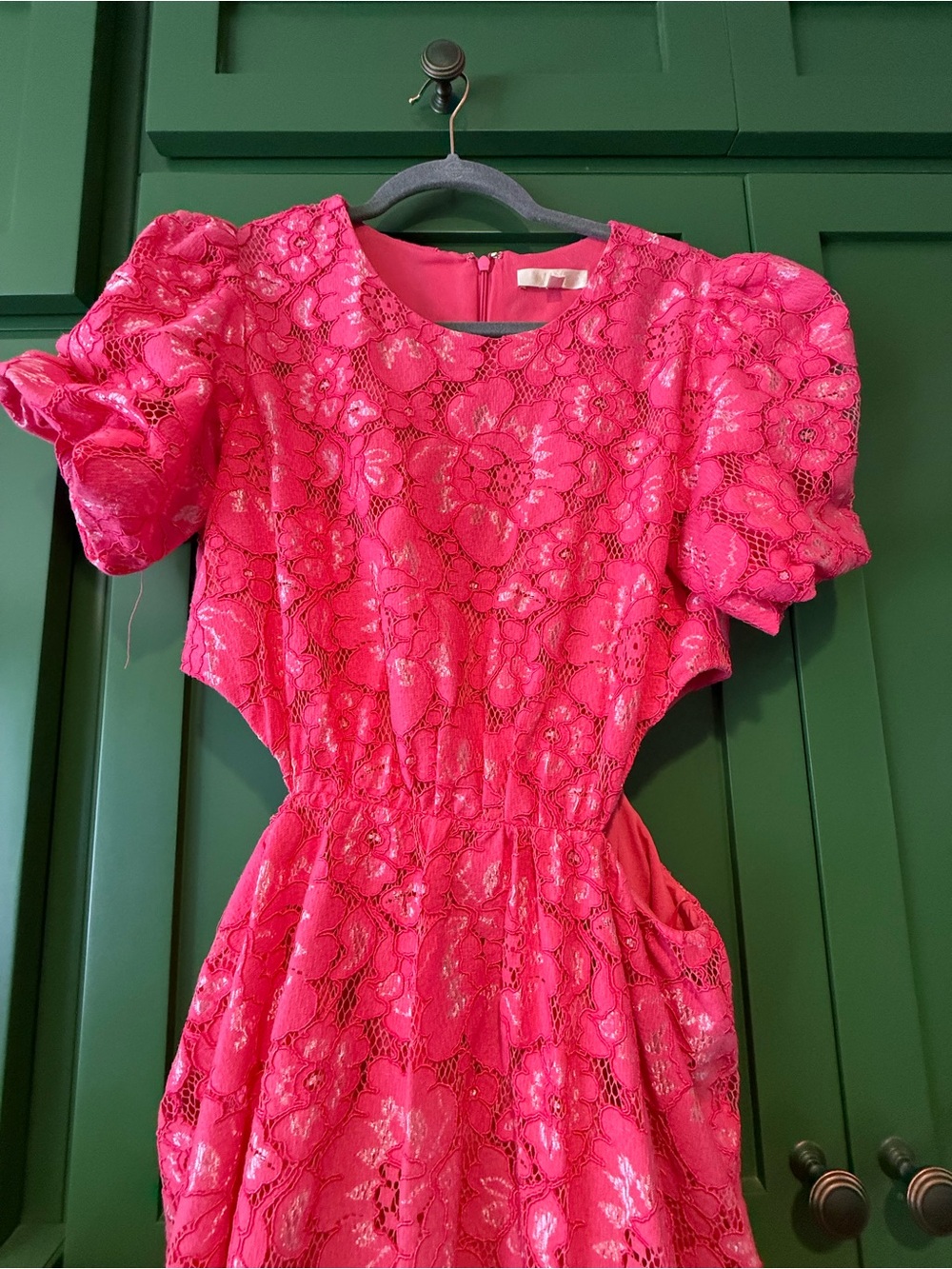 Women’s Hot Pink Lace Puff Sleeve Dress with side cutouts